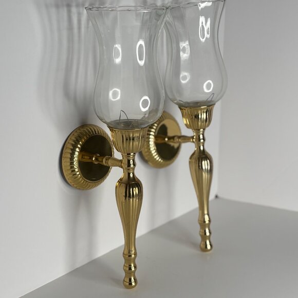 Solid Brass Lacquered Crystal Glass Globe Sconce Set of 2 Vintage 80s Flush - Picture 1 of 6